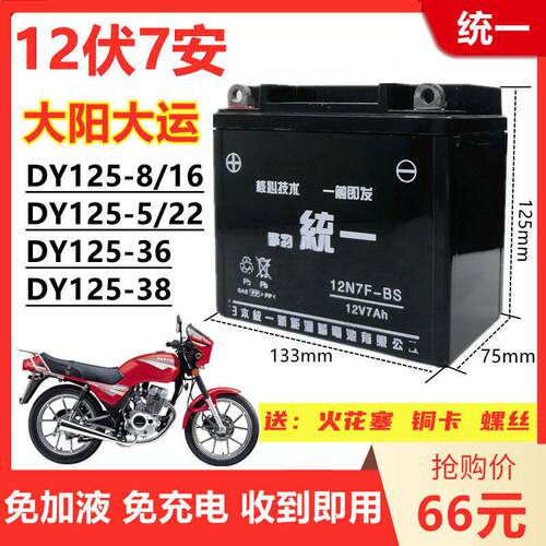 大阳大运刀仔款DY125-5/8男士摩托车擎豹统一免维护12V7A干电瓶