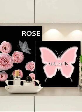 蝴蝶玫瑰ins风装饰画 画卧室客厅鞋柜玄关化妆台艺术个性摆件带护