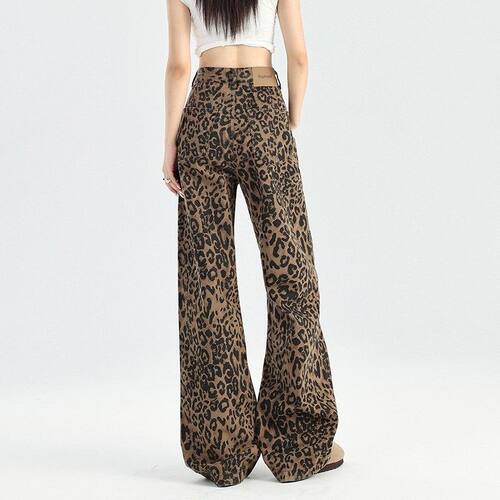 Casual Leopard Straight Leg Trousers Mid Waist Comfortable