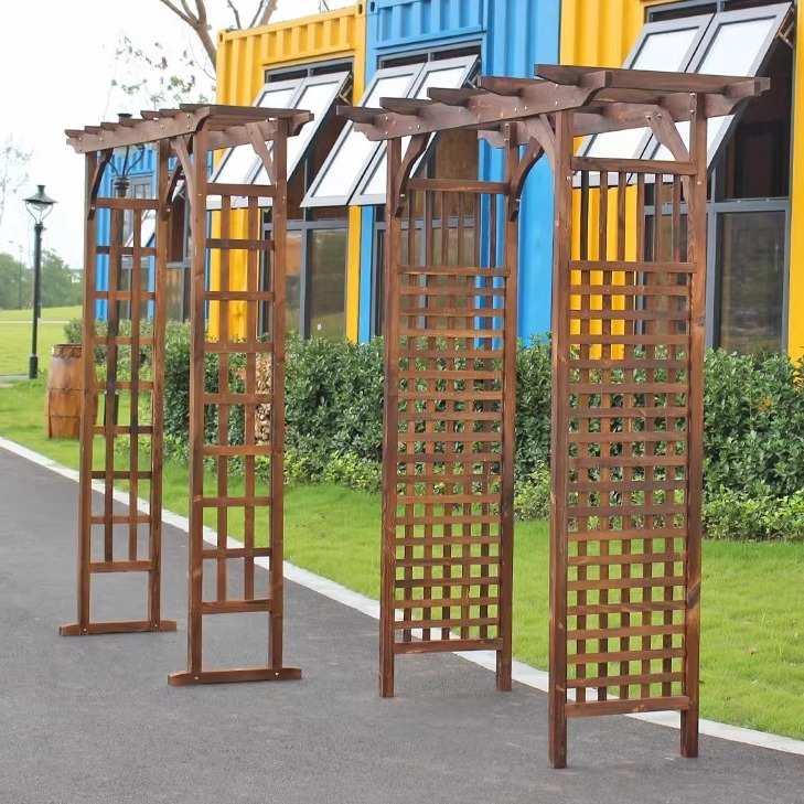 户外庭院装饰防腐木花园门碳化葡萄架半圆网格花架子拱形爬藤拱门