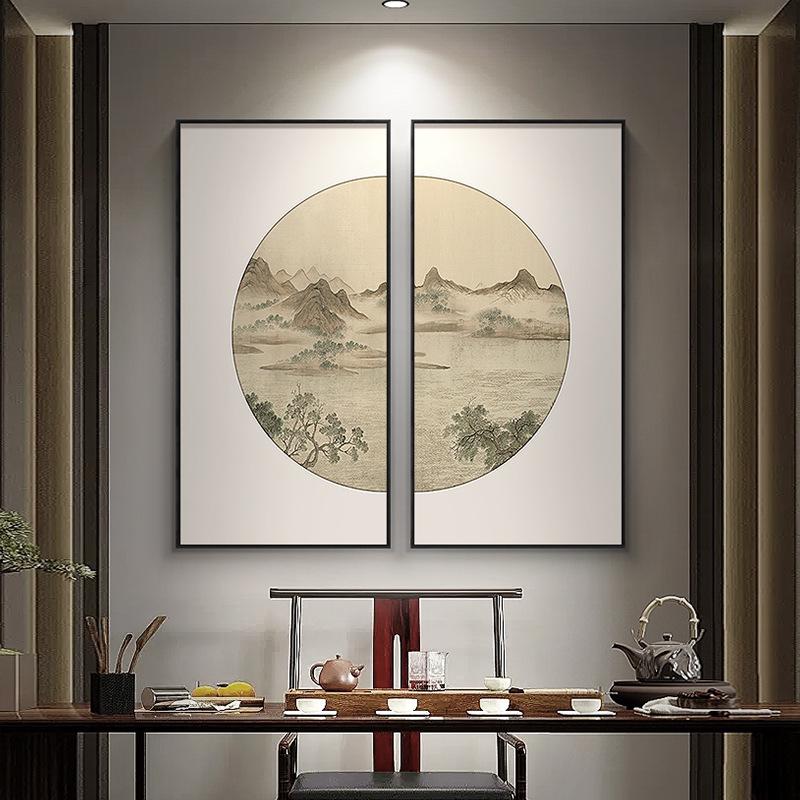 新中式茶室装饰画两联玄关走廊挂画大气画山水画客厅背景墙壁画