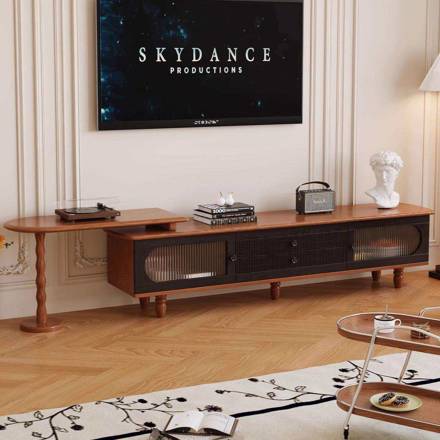 中古风实木电视柜可伸缩法式复古小户型客厅地柜矮柜影视柜储物柜