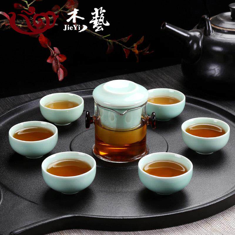 陶瓷青花茶具家用耐热玻璃红茶冲茶器套装双耳过滤泡茶壶茶杯整套