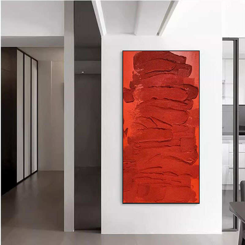手绘油画大红色玄关装饰画丙烯石英砂厚肌理挂画入户玄幻酒店壁画图片