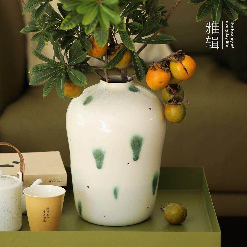 雅辑 青山瓶 家居花瓶手工花器大花罐 高温陶瓷 两款入 绿釉点金