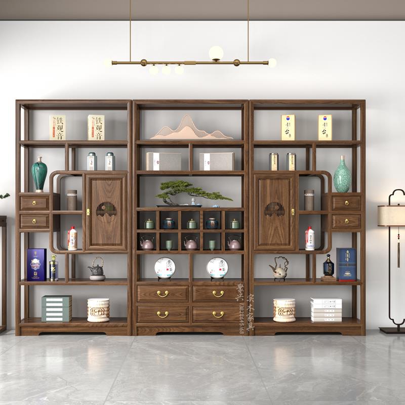 茶室博古架多层架酒柜靠墙精品茶壶书柜落地架置物架博古架新中式
