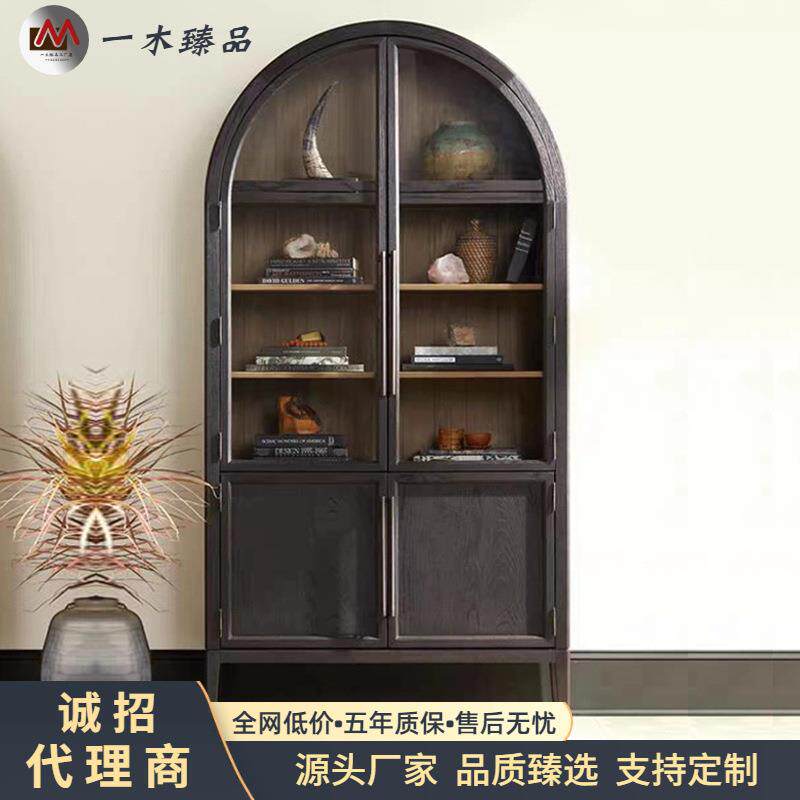 实木书柜北欧餐边柜拱形玻璃门装饰书架法式复古酒柜收纳移动书柜