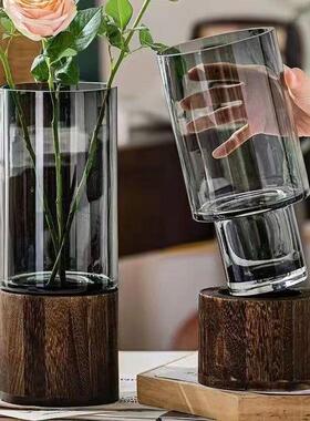 北欧ins创意玻璃花瓶圆木底座 客厅餐桌水养鲜花插花装饰摆件