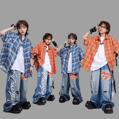 少儿街舞演出服男童嘻哈衬衫牛仔裤儿童hiphop街舞炸街潮服表演服
