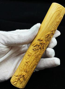 实心山水浮雕玉竹竹雕文玩棍手把件金箍棒竹竹子手玩件竹刻把玩件