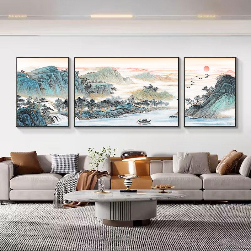 客厅山水画沙发背景墙面挂画国画水墨风格三联晶瓷画中式风景壁画