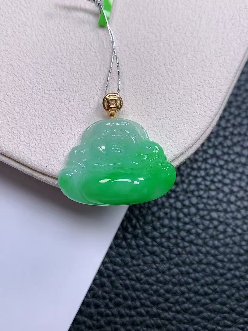 天然真品翡翠正品 水润细腻气质18k金镶嵌冰阳绿满阳色佛公吊坠