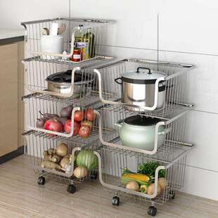 304不锈钢厨房置物架落地多层储物收纳筐放水果蔬菜带轮子小推车