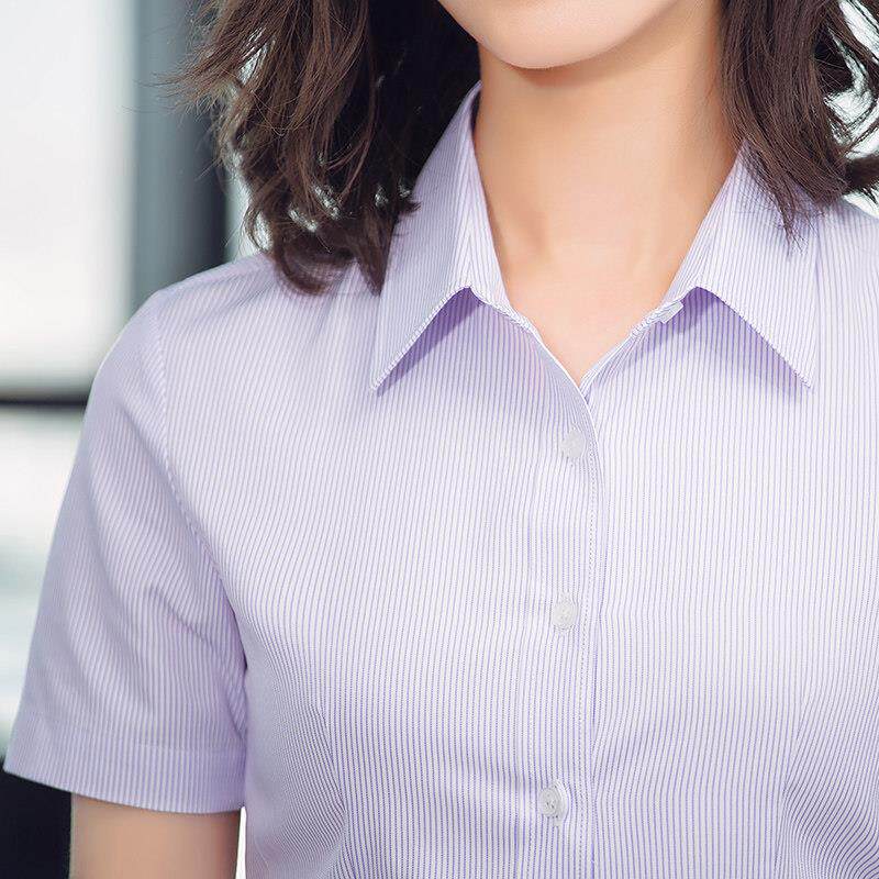 紫色细条纹衬衫女银行工作服短袖夏季职业大码半袖工装女士衬衣棉