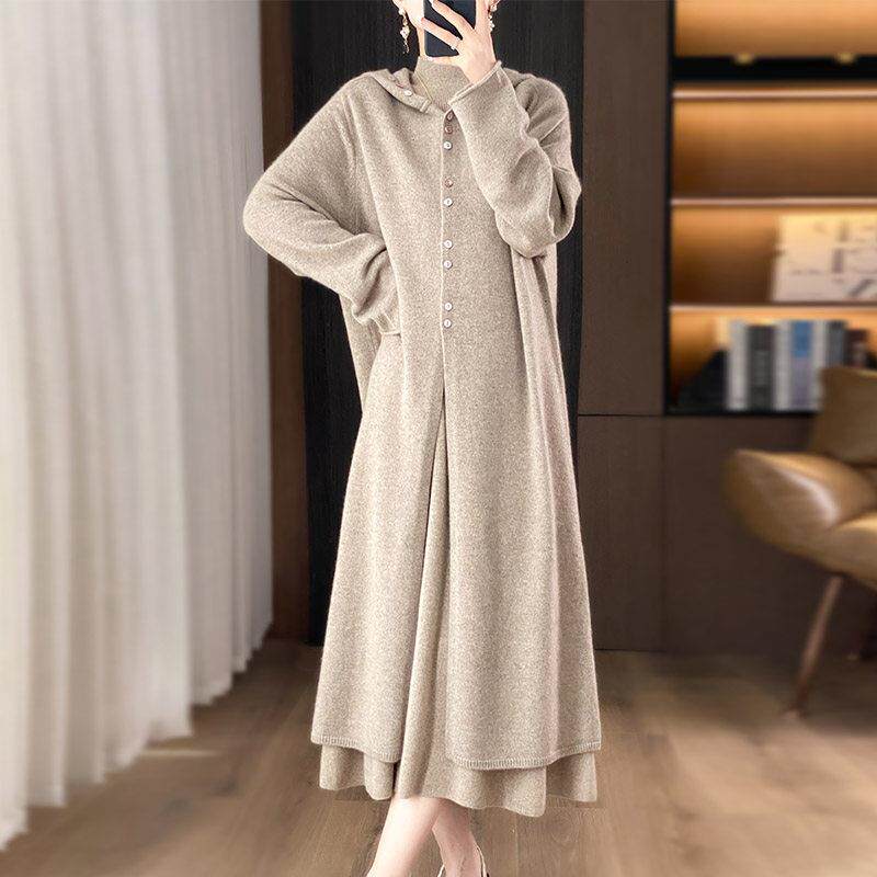 中长款100%纯羊毛连帽开衫女纯色纽扣长袖毛衣宽松针织衫长裙外套