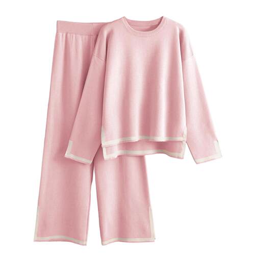 Women's two long sleeved knitted suit wide leg pants suit