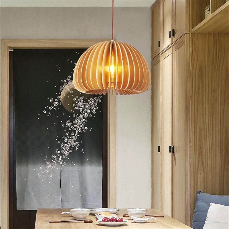 卧室茶室酒店民宿餐桌led吊灯新中式创意天然实木餐厅灯百褶灯罩