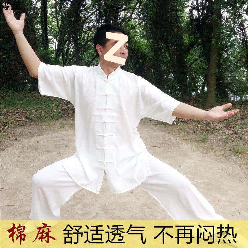 夏季短袖太极服棉麻武术练功服男功夫服亚麻中袖太极拳服表演服装