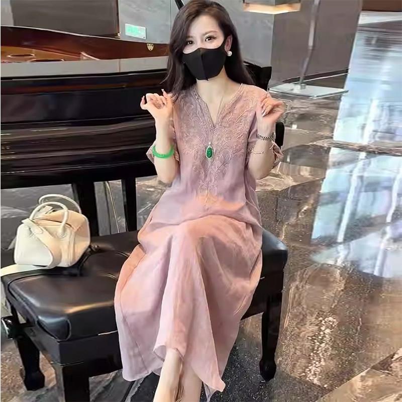 欧洲站新中式国风刺绣苎麻洋装女2025夏季高端宽松棉麻亚麻长裙