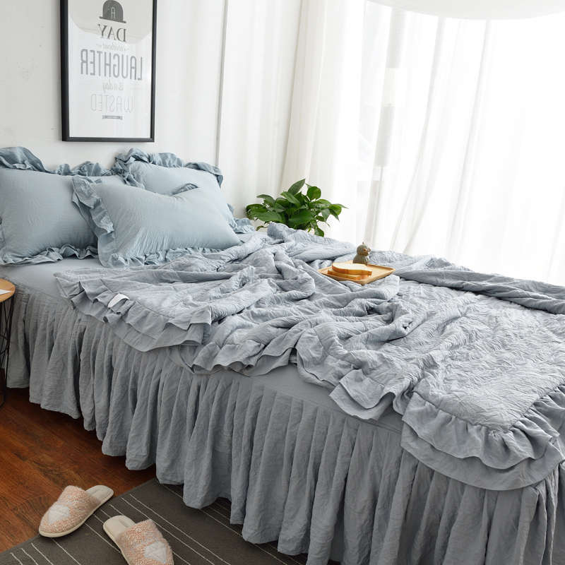 春夏混搭撞色曼波风空调凉被水洗棉床裙四件套可水洗午休被薄被子