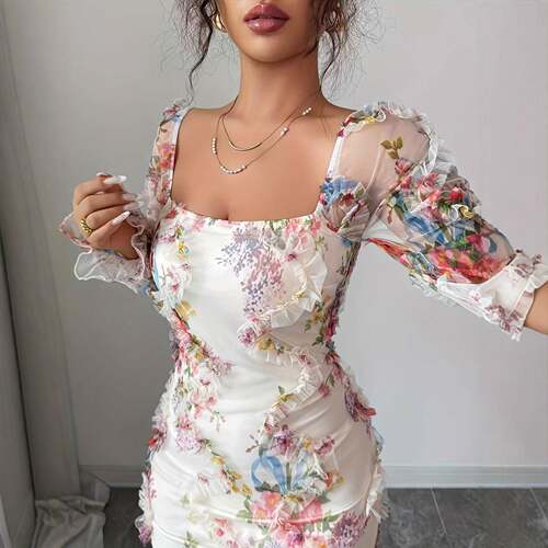 Women's Spring Autumn New Romantic Mesh Floral Print Ruffle