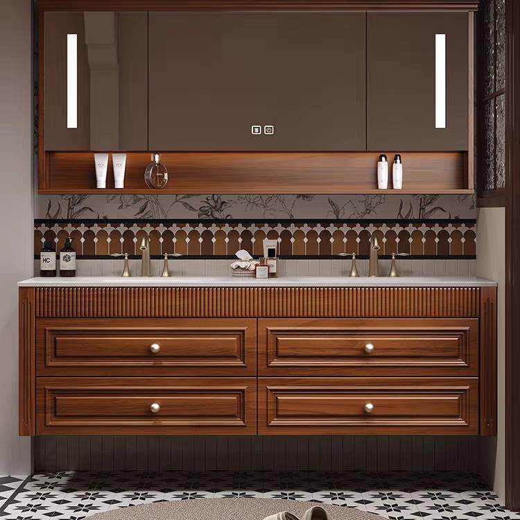 美式中古风浴室柜组合美式卫生间洗漱台岩热弯一体洗手脸盆智能镜