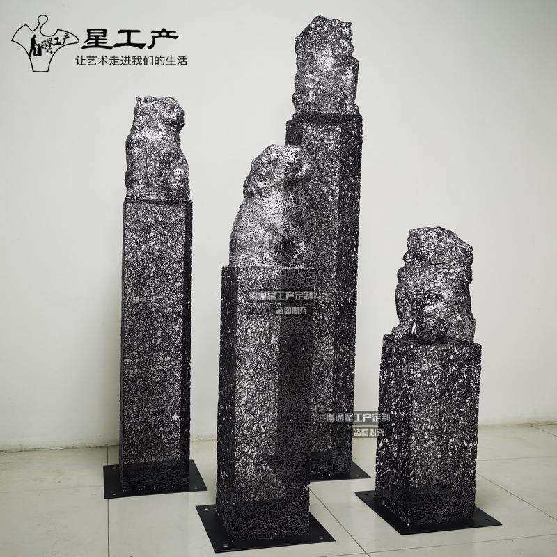 新款直销栓马柱狮子麒麟貔貅不锈钢镂空户外别墅庭院金属神兽雕塑