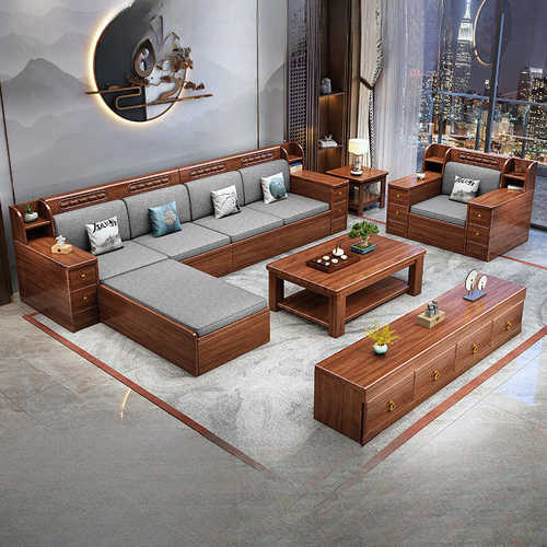 新款金丝胡桃木沙发中式实木沙发组合冬夏两用客厅带储物转角沙发