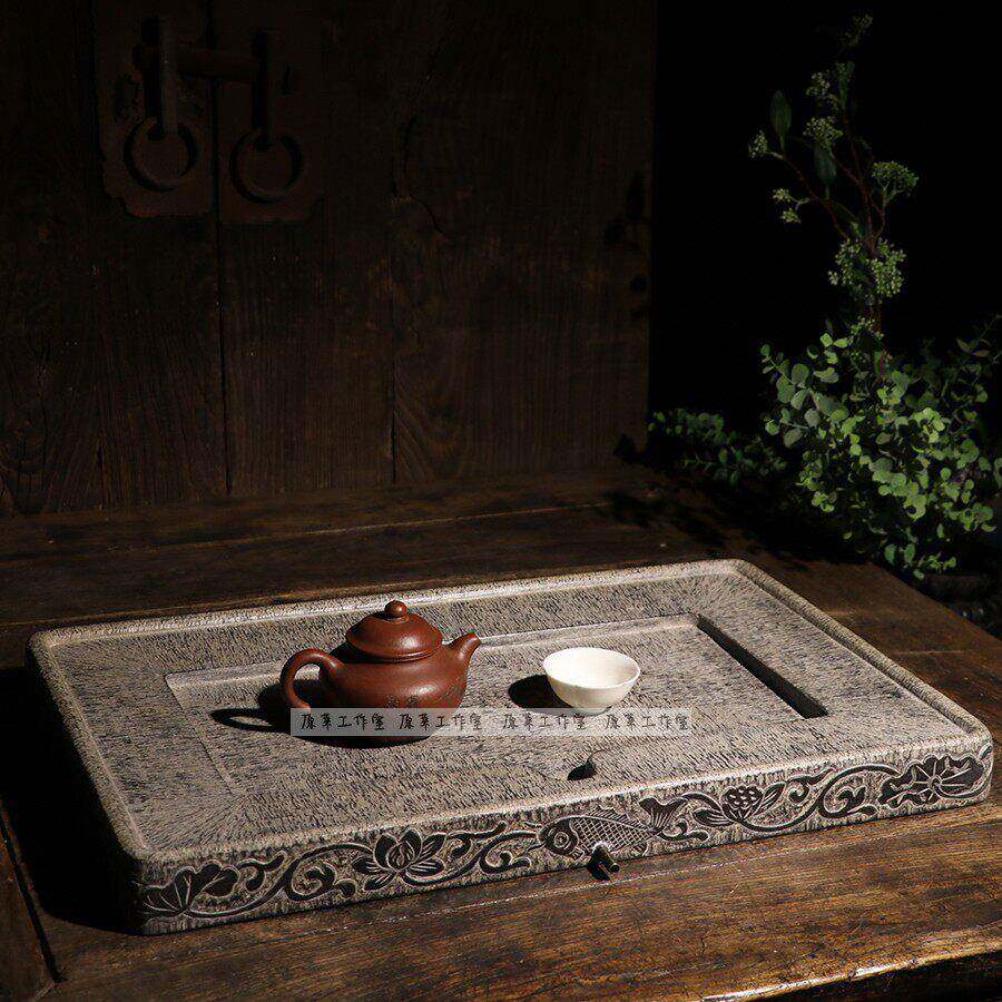 原青石手工雕刻，古雅长茶几彷老石器，新中国风茶宴摆件