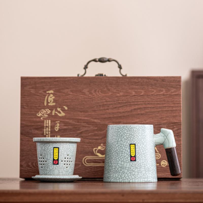 汝窑茶杯茶水分离办公杯大容量马克杯泡茶陶瓷水杯活动商务礼品定