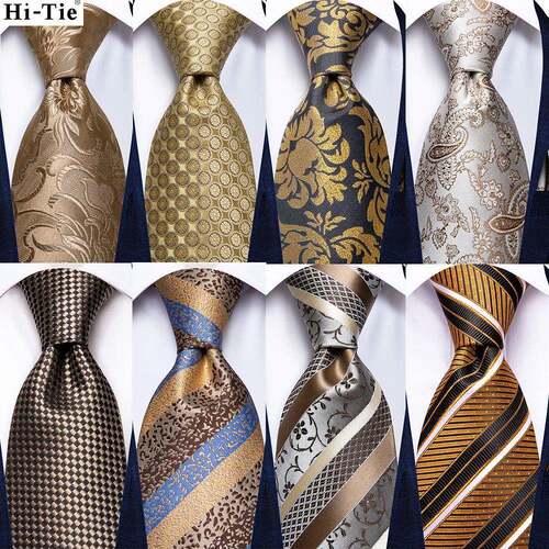 Hi-Tie Champagne Gold Striped Paisley Solid Men Silk Wedding