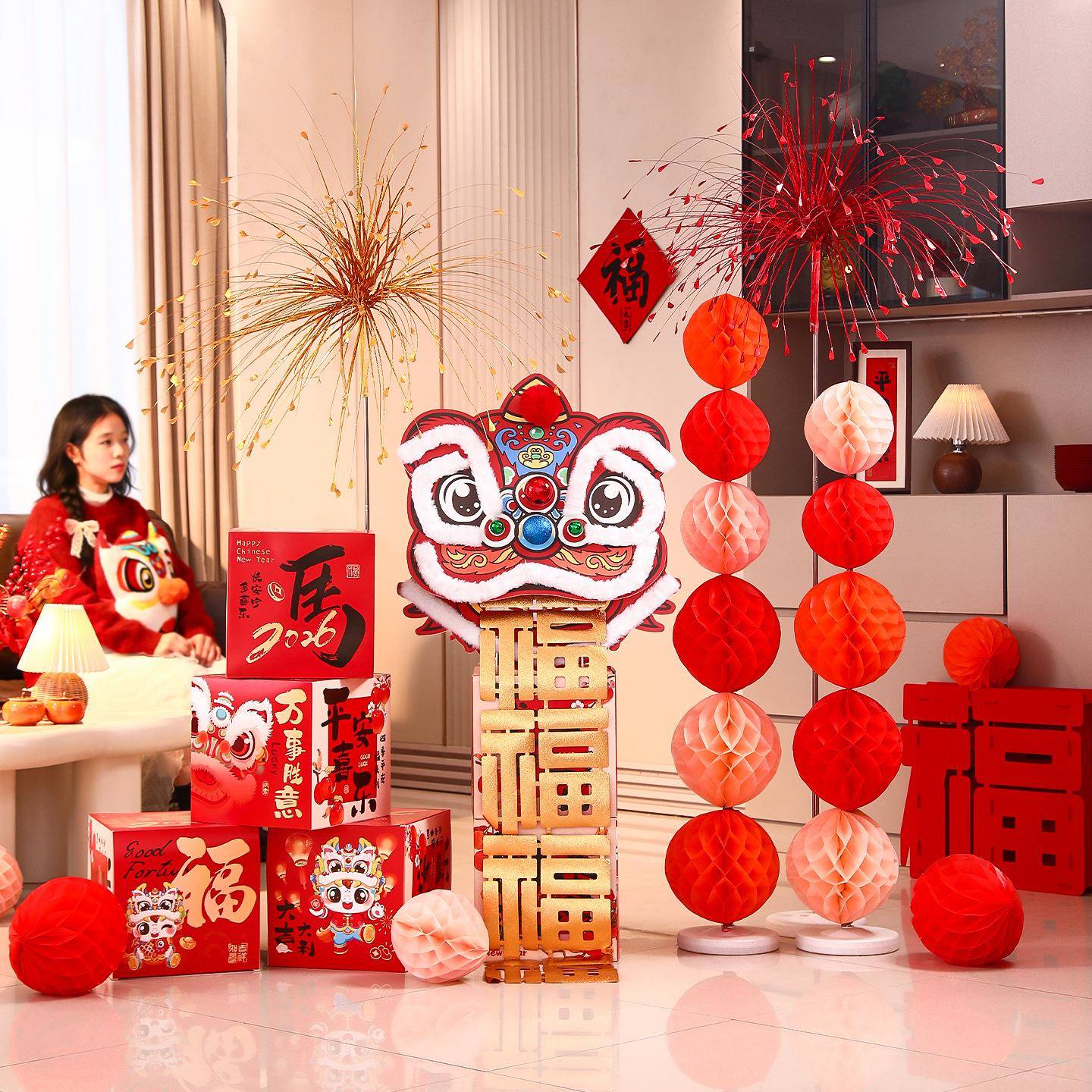 新年装饰品醒狮摆件春节过年商场家用氛围感拍照道具马年氛围布置