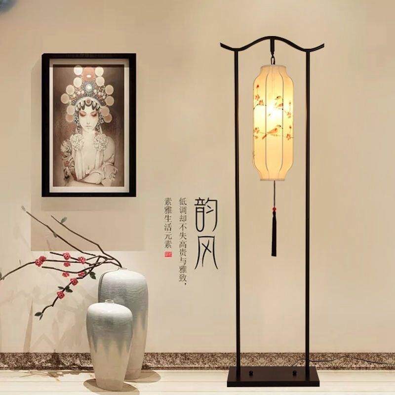 新中式落地灯中国风客厅卧室书房走廊手绘花鸟灯罩现代复古落地灯