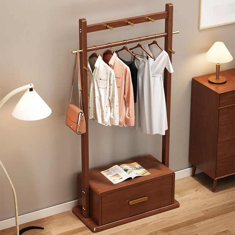 实木衣帽架落地卧室挂衣架抽屉现代简约收纳家用置物架多功能一体