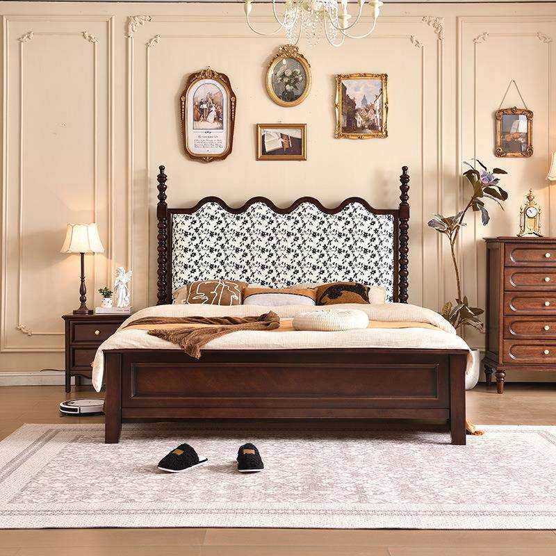 中古风实木床布艺床现代简约主卧1.8米双人床复古美式乡村储物床