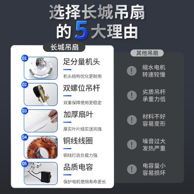 长城吊扇家用客厅工业吊顶电风扇商用餐厅学校三叶大风力铁叶48寸