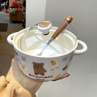 双耳泡面碗陶瓷易清洗水果可爱带盖带餐具学生宿舍高颜值创意家用
