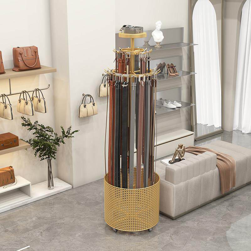 服装店圆筒双层皮带收纳展示架腰带领带货架落地旋转可移动陈列架