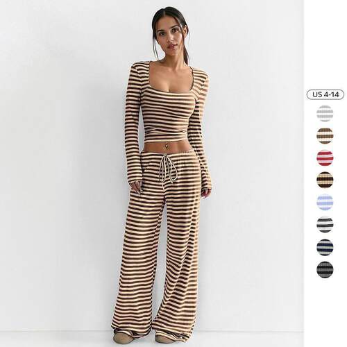 Womens Slouchy Square Neck Stripe Long Sleeve Crop Top