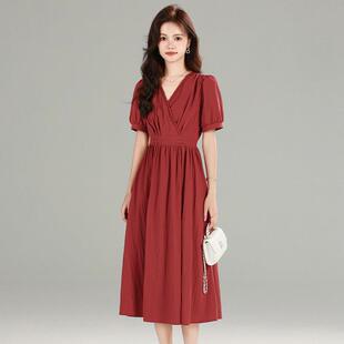 法式气质V字领中长款短袖连衣裙女夏季新款红色收腰显瘦时尚裙子