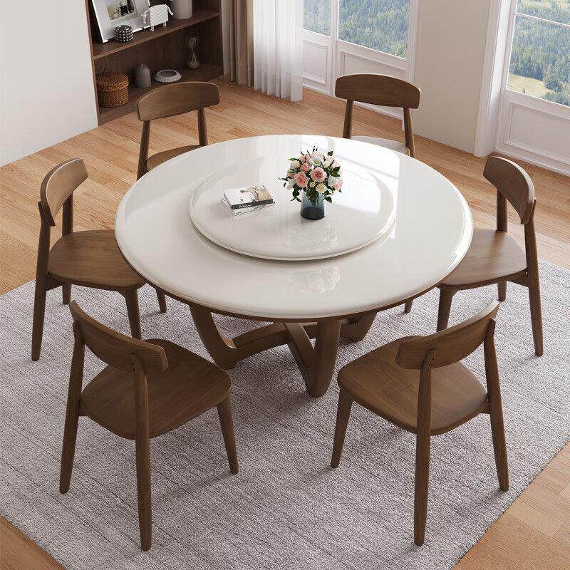 高档白冰玉大理石圆形餐桌带转盘北欧现代实木中古风家用圆桌饭桌