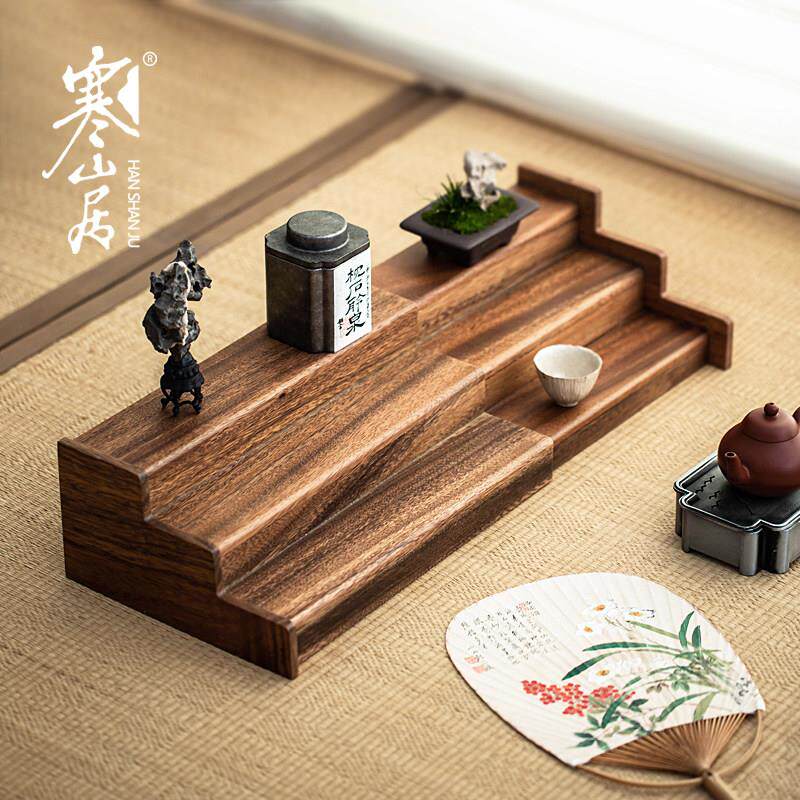 寒山居胡桃木茶杯架拉伸调节长短小博古收纳层架茶具展示三层置物