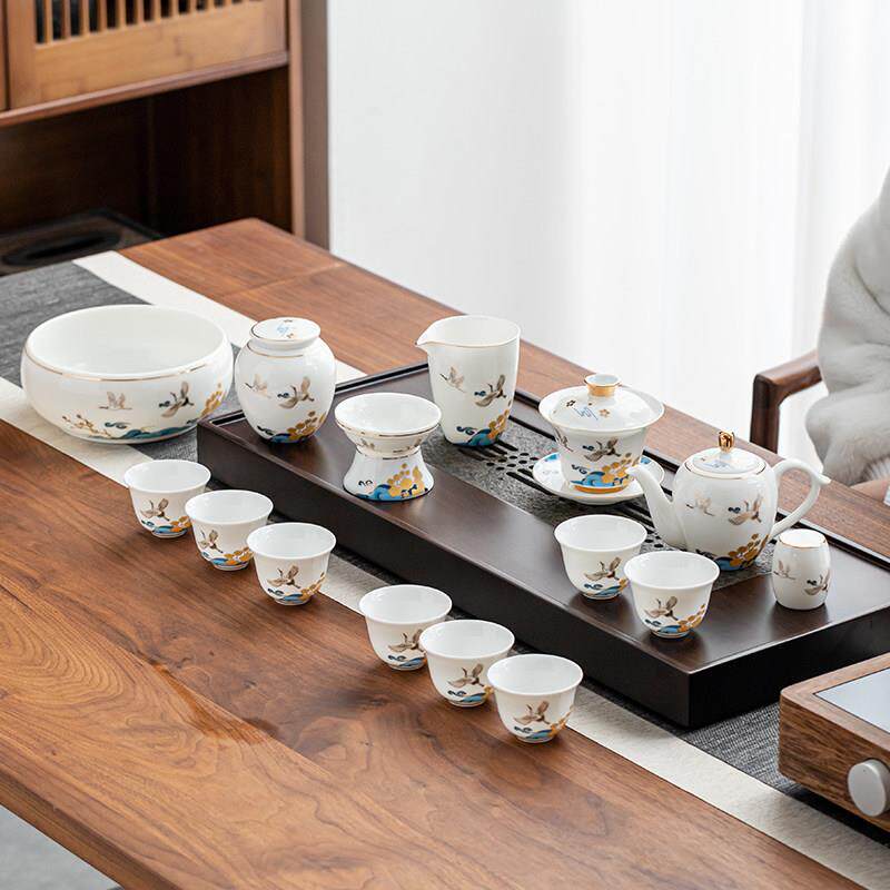羊脂玉白瓷功夫茶具套装家用现代整套简约仙鹤陶瓷茶具盖碗办公室