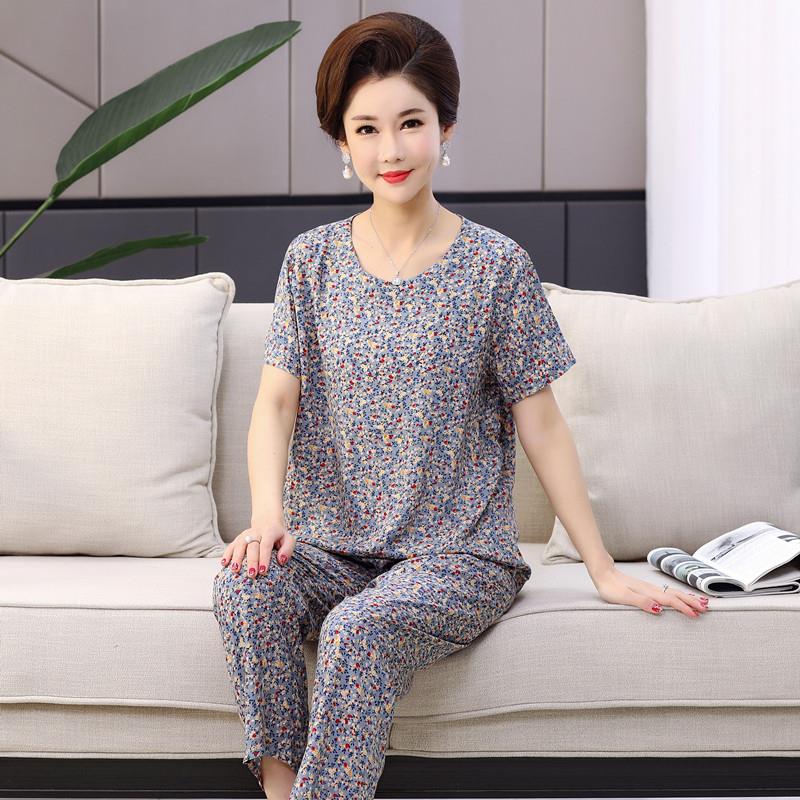带胸垫中老年人睡衣女士夏季薄款绵绸短袖休闲套头妈妈家居服套装