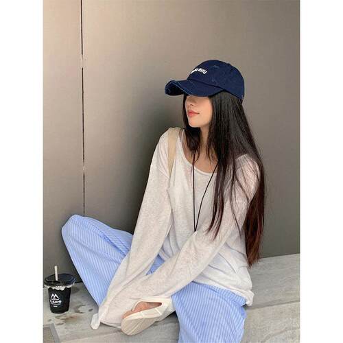 慵懒风运动透气长袖T恤女海边沙滩薄款防晒罩衫宽松微透上衣0823z