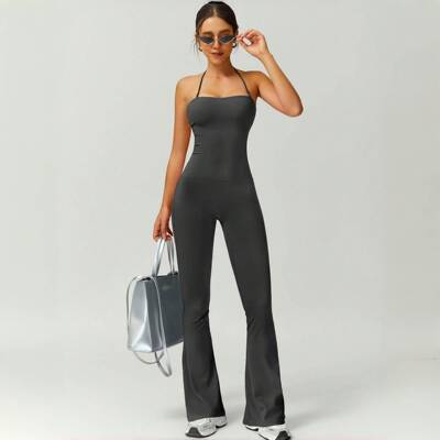 Womens Spaghetti Strap Scoop Neck Flare Bodycon Jumpsuit