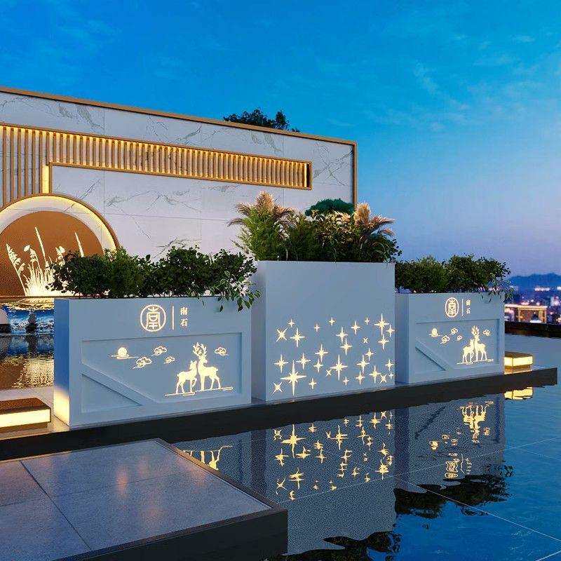 户外不锈钢花箱太阳能发光灯箱组合市政街道铁艺花槽花坛种植箱