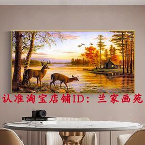 北欧客厅草原动物装饰画轻奢客厅晶瓷画麋鹿森林风景画卧室床头画