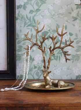 印度进口纯铜装饰麋鹿托盘桌面整理收纳首饰盒金色覆古手工礼品