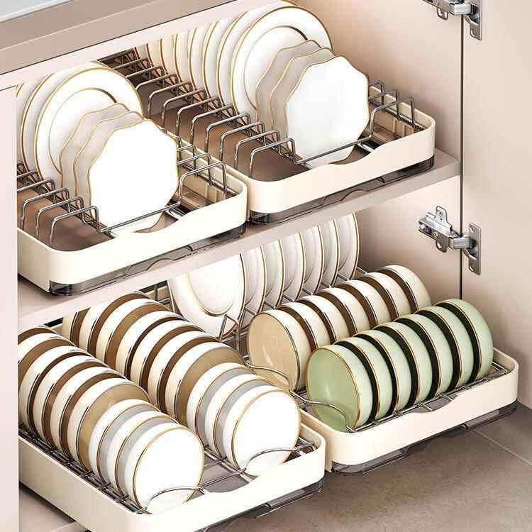 台面拉篮厨房抽拉碗盘架碗架沥水架内可伸缩碗碟收纳架不锈钢橱柜